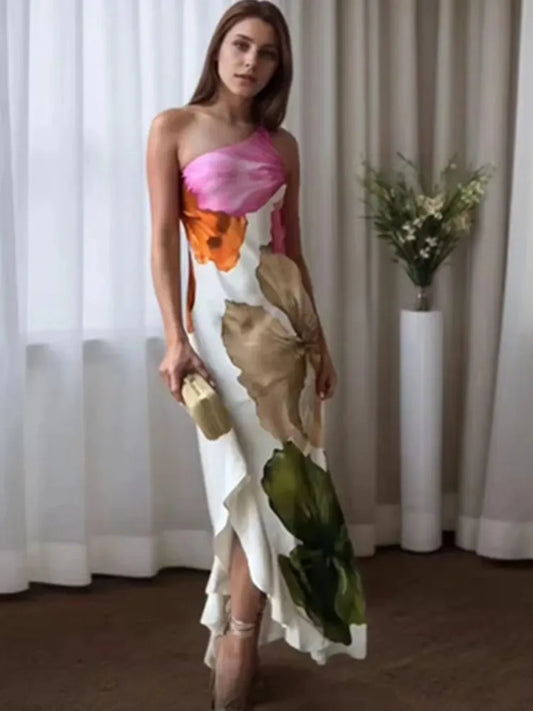 Women’s One Shoulder Maxi Dress – Ruffle Print Beach Gown