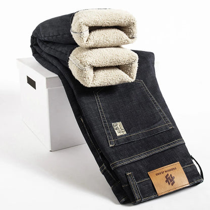 🔥 Men’s Winter Fleece Straight Jeans – High Waist Warm Denim