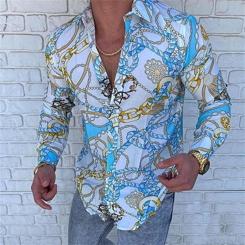 Men’s Luxury Chain Print Slim Fit Long Sleeve Shirt