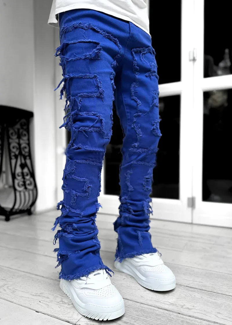 Men’s Ripped Stacked Jeans – Slim Fit Distressed Denim Pants