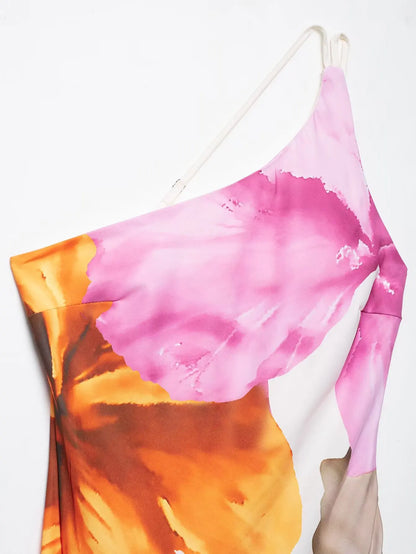 Women’s One Shoulder Maxi Dress – Ruffle Print Beach Gown