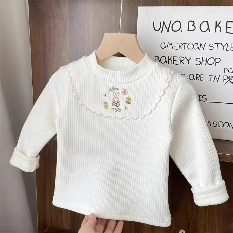 🧸 Girls Velvet Cartoon Winter Top – Warm Long Sleeve Tee (4–6Y)