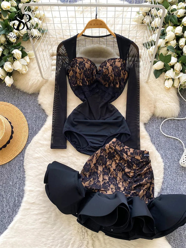 💖 Elegant Floral Ruffle Bodysuit & Skirt Set – Valentine’s Party Wear
