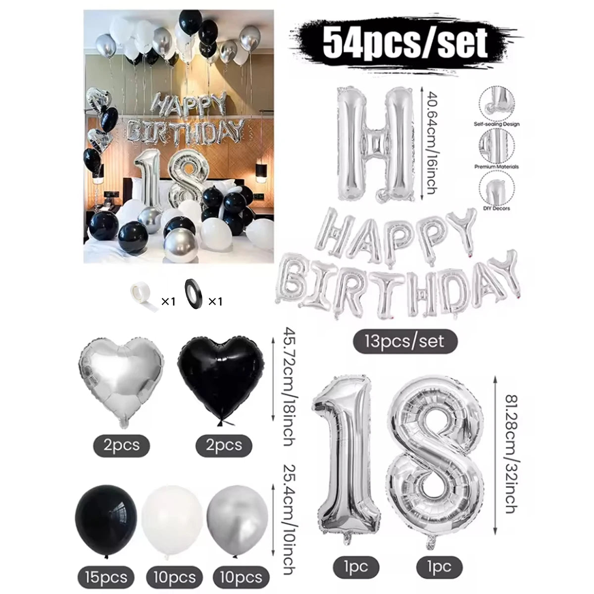 Black & White Balloon Decoration Set with Silver Banner (30/54pcs)