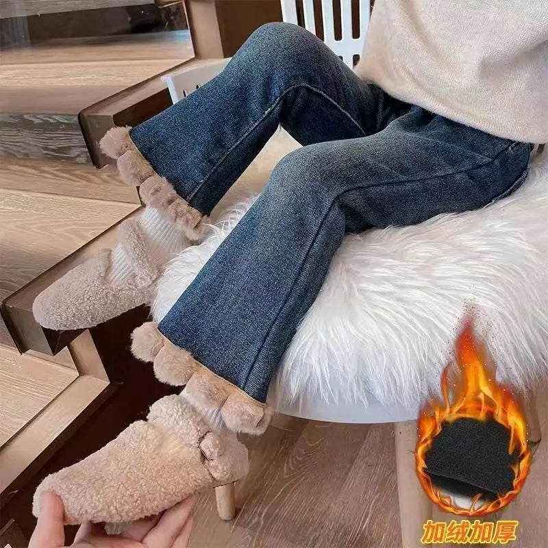Girls Fleece Flared Jeans – Winter Warm Pants