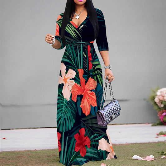Women’s Floral Print Maxi Dress – V-Neck 3/4 Sleeve Summer Gown
