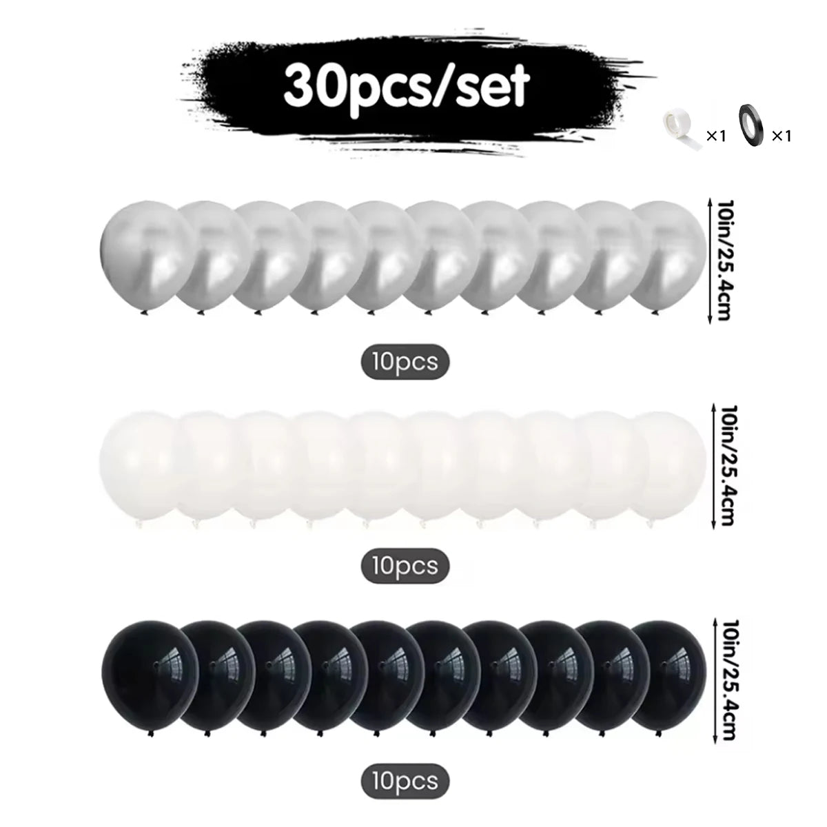 Black & White Balloon Decoration Set with Silver Banner (30/54pcs)