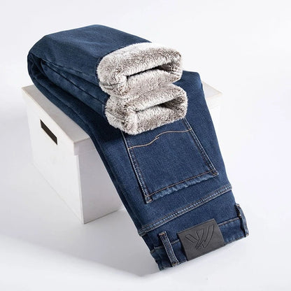 🔥 Men’s Winter Fleece Jeans – Slim Fit Business Casual Denim Pants