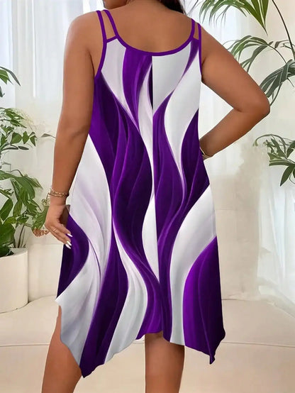 ✨ Plus Size Geometric Striped Dress – Double Strap Asymmetrical Style