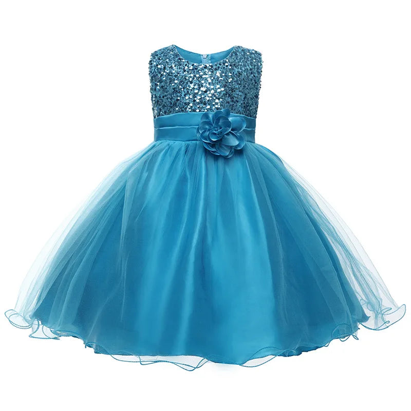 Girls Flower Sequin Princess Party Dress
