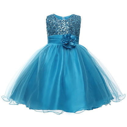 Girls Flower Sequin Princess Party Dress