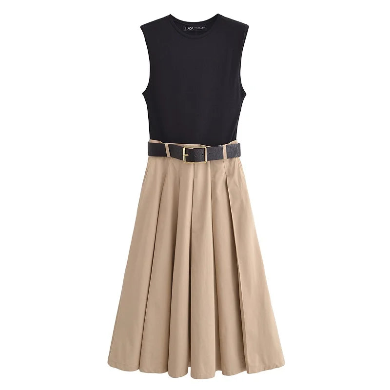 Women’s Pleated Midi Dress – Sleeveless Summer Casual Dress