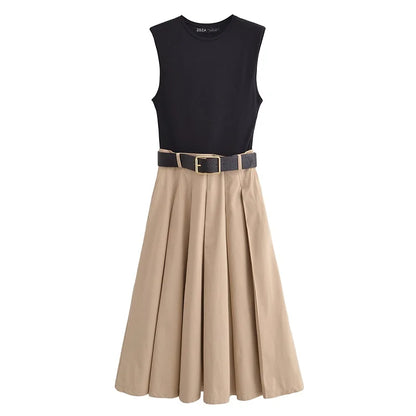 Women’s Pleated Midi Dress – Sleeveless Summer Casual Dress