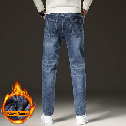 ❄️ Men’s Winter Fleece Jeans – Slim Straight Light Blue Denim