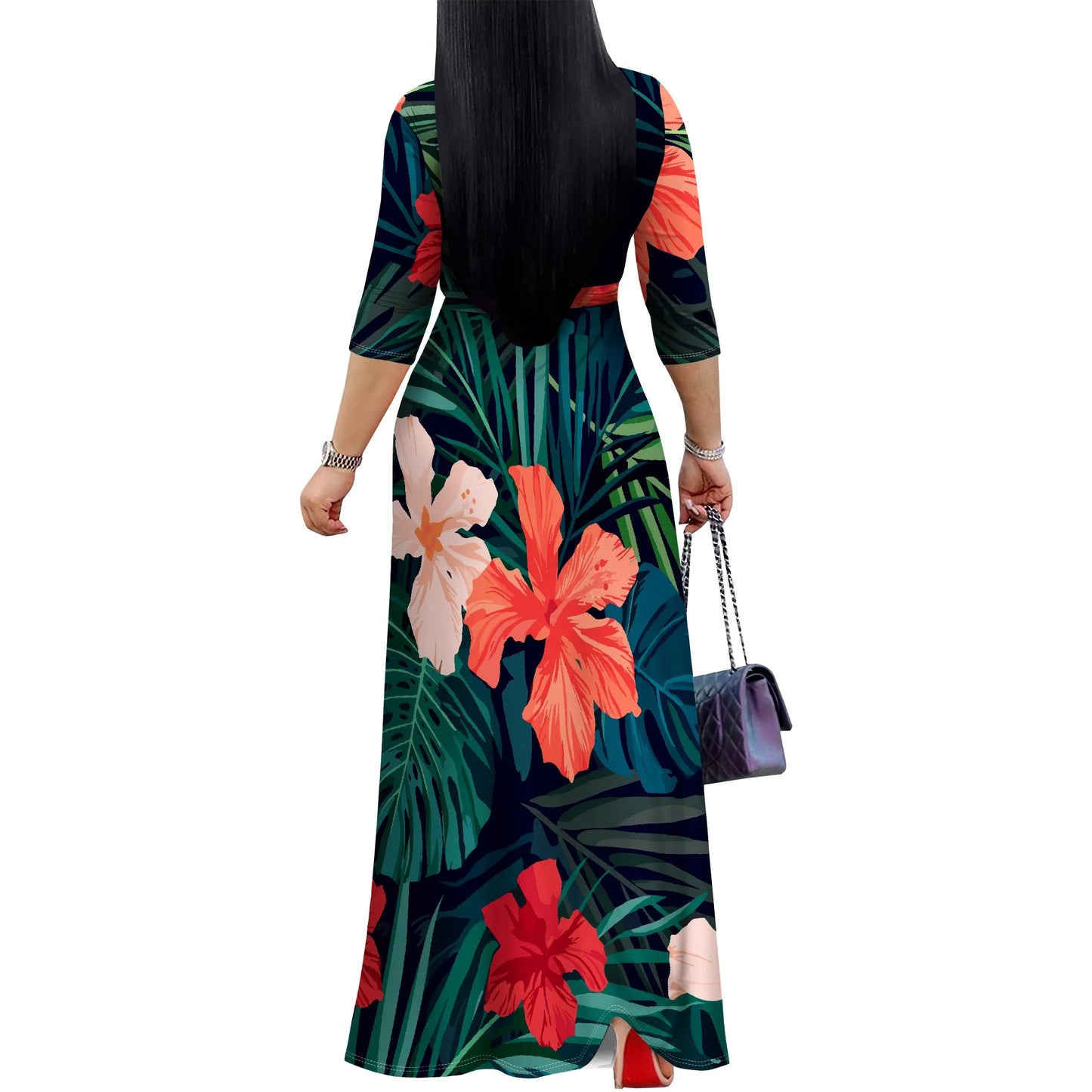 Women’s Floral Print Maxi Dress – V-Neck 3/4 Sleeve Summer Gown