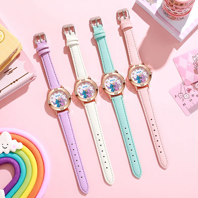 Girls Cartoon Watch – Leather Strap Kids Rhinestone Dial