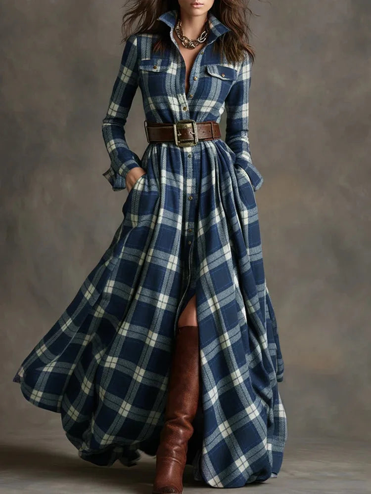 Owner Girl Plaid Long Dress 👗 | Trendy A-Line Button Style Women’s Wear