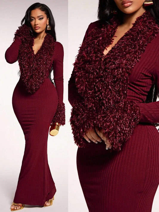 🍷 Burgundy Faux Fur Mermaid Maxi Dress – Elegant Evening Party Wear