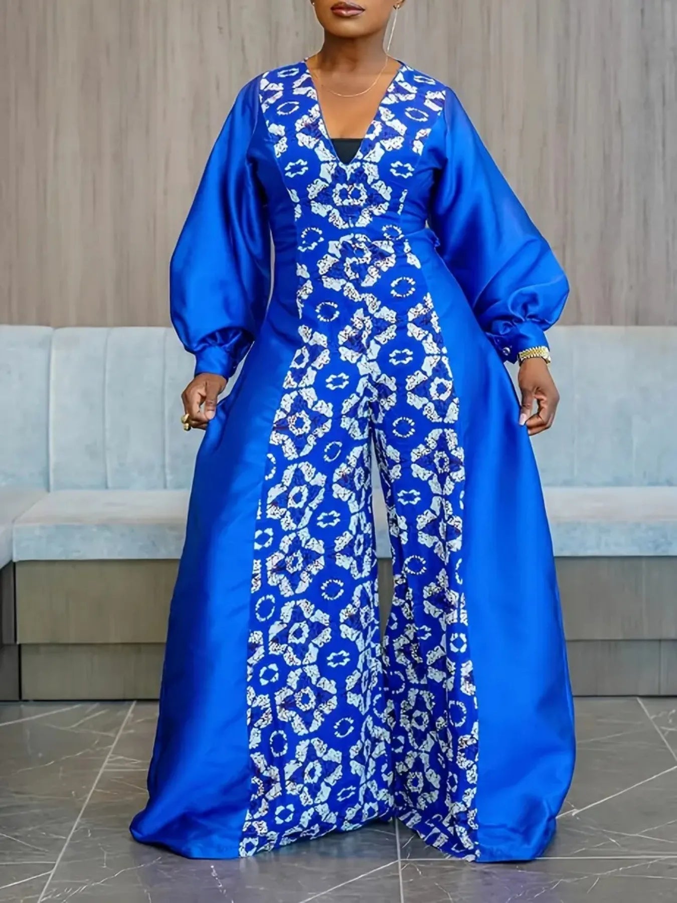 👗 Blue Printed V-Neck Wide-Leg Jumpsuit