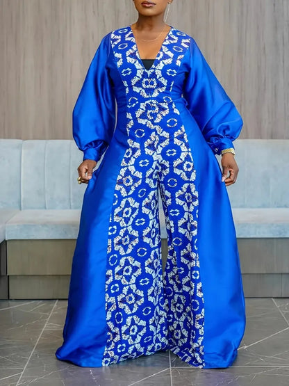 👗 Blue Printed V-Neck Wide-Leg Jumpsuit