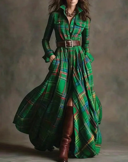 Owner Girl Plaid Long Dress 👗 | Trendy A-Line Button Style Women’s Wear