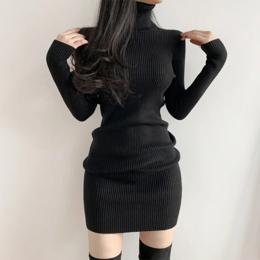 Women Turtleneck Knit Bodycon Dress 👗 | Warm Office Mini