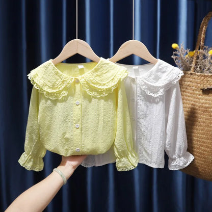 🤍 Girls Lace Collar Long Sleeve Top – Korean Style Autumn Shirt (2-8Y)