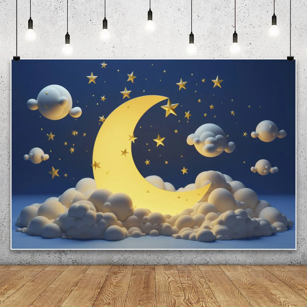 Blue Starry Sky Baby Shower & Birthday Backdrop | Cloud & Moon Party Photo Background