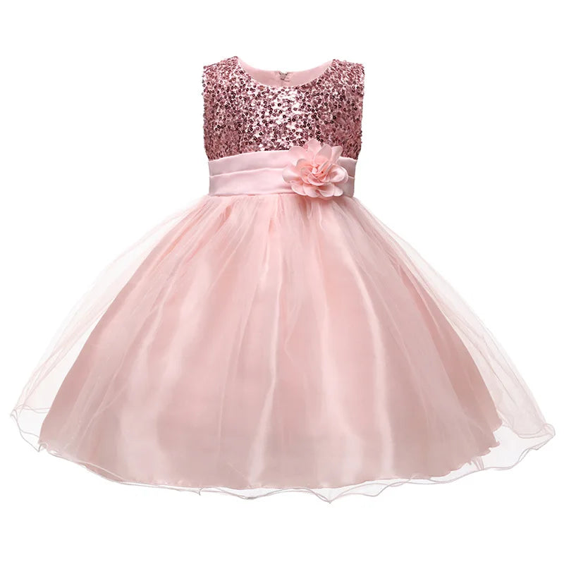 Girls Flower Sequin Princess Party Dress