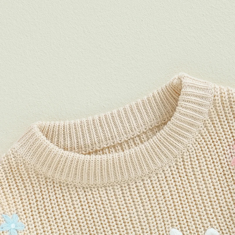 🧸 Baby Girl Floral Embroidered Knit Sweater – Soft Cotton Pullover