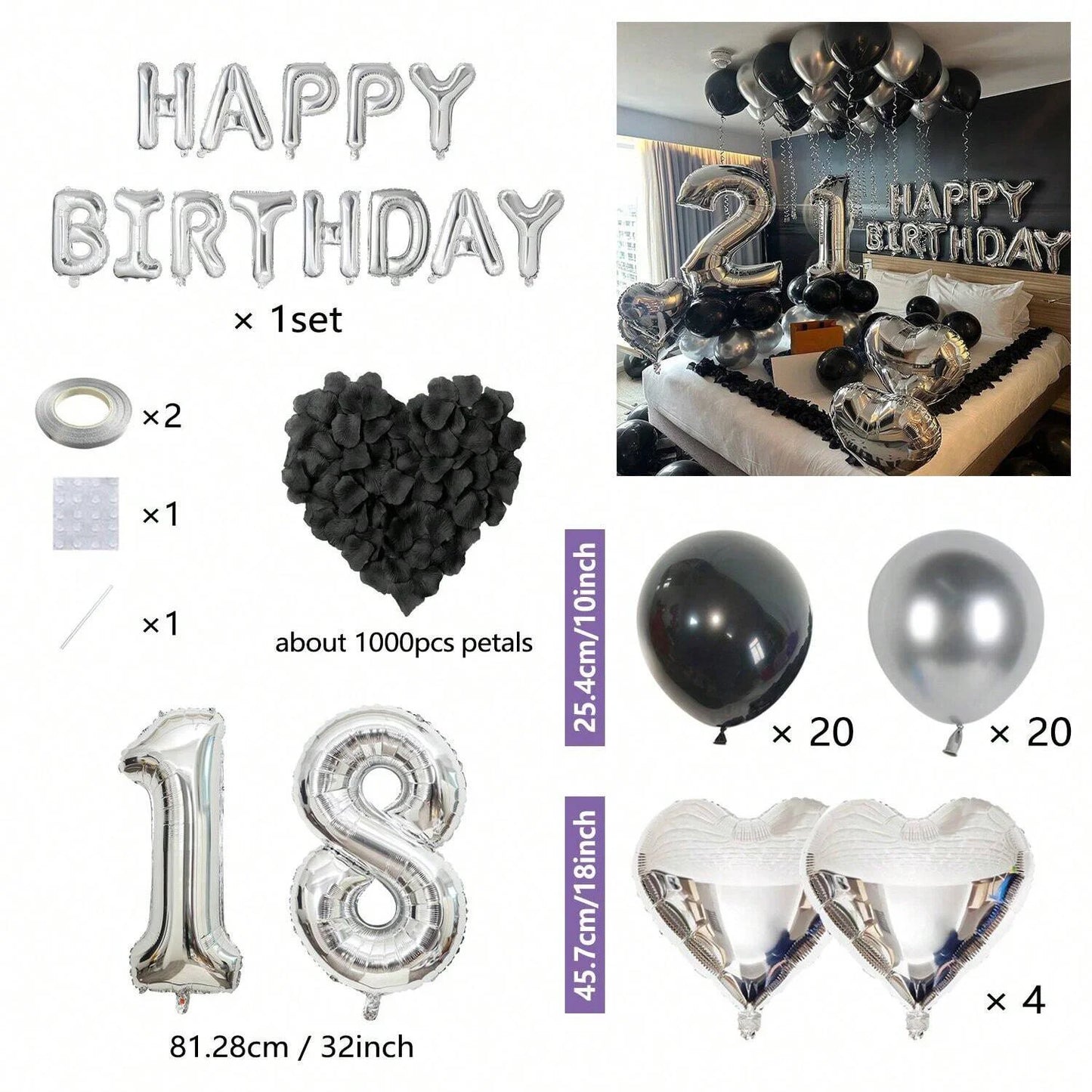 Black & Silver Birthday Balloon Decoration Set – 1050pcs Party Kit