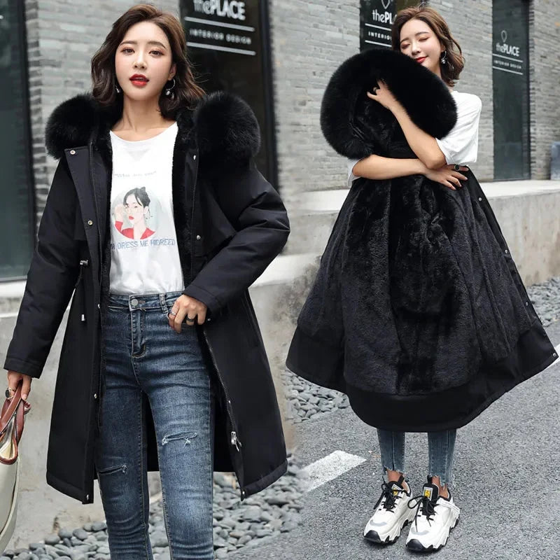 🧥 Women’s Winter Parka Coat – Long Hooded Fur Collar Jacket (6XL)