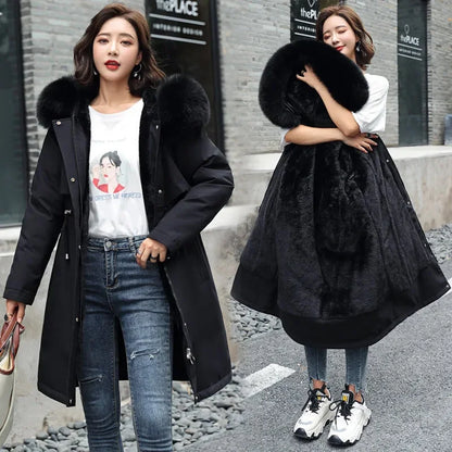 🧥 Women’s Winter Parka Coat – Long Hooded Fur Collar Jacket (6XL)