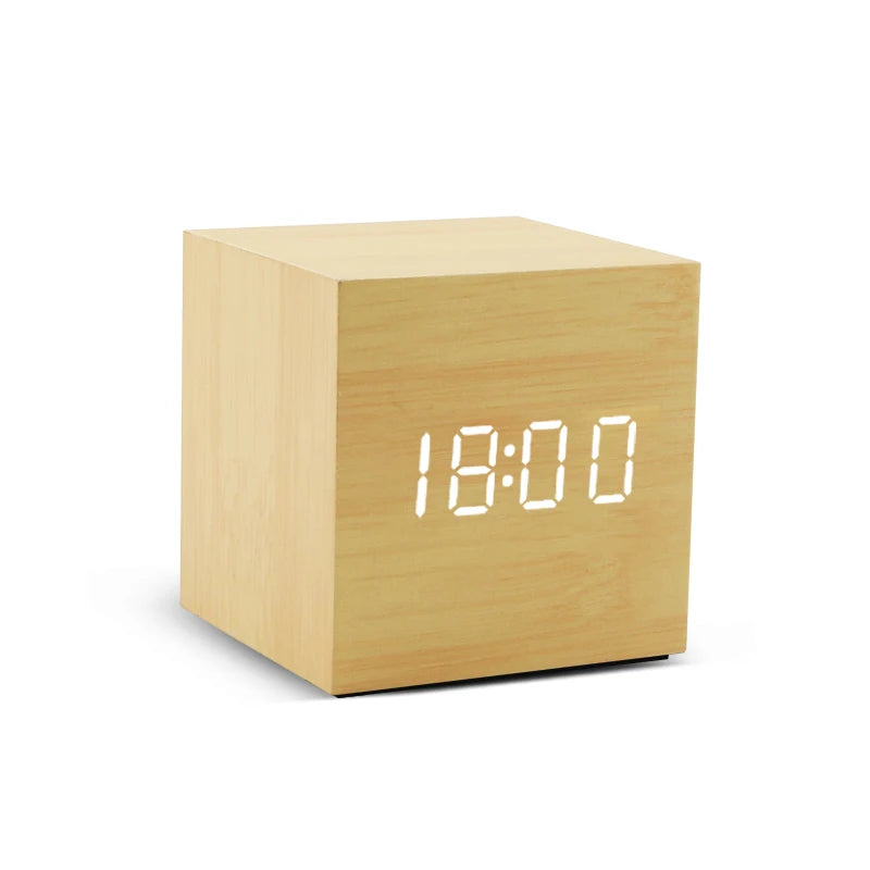 LED Wooden Digital Alarm Clock – Voice Control Table Clock