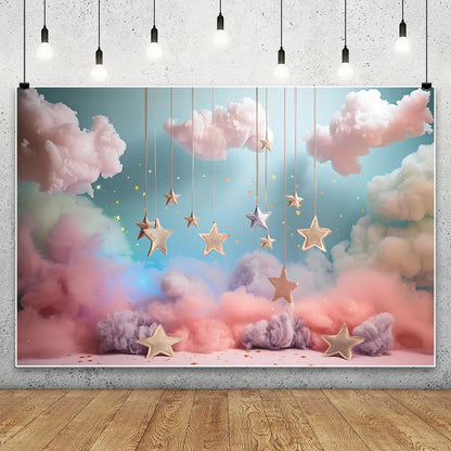 Blue Starry Sky Baby Shower & Birthday Backdrop | Cloud & Moon Party Photo Background