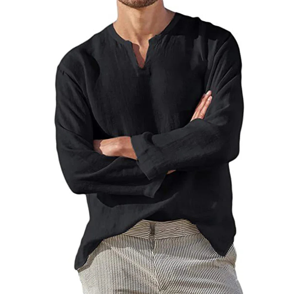 Men’s Cotton Linen V-Neck Casual Long Sleeve Shirt