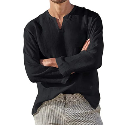 Men’s Cotton Linen V-Neck Casual Long Sleeve Shirt