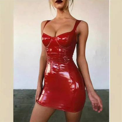Women’s Patent Leather Mini Dress – Sleeveless Slim Fit Party Gown