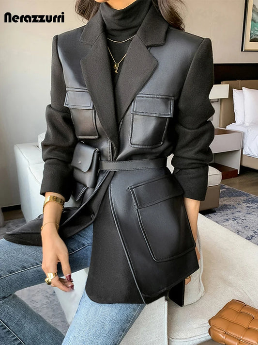 Women Long Faux Leather Coat 🖤 | Casual Belted Jacket