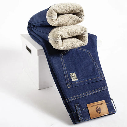 🔥 Men’s Winter Fleece Straight Jeans – High Waist Warm Denim