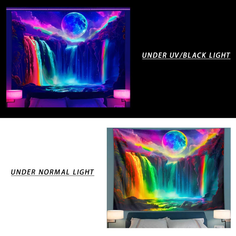 🌙 UV Glow Waterfall Moon Tapestry