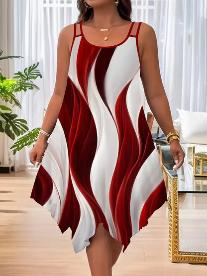 ✨ Plus Size Geometric Striped Dress – Double Strap Asymmetrical Style