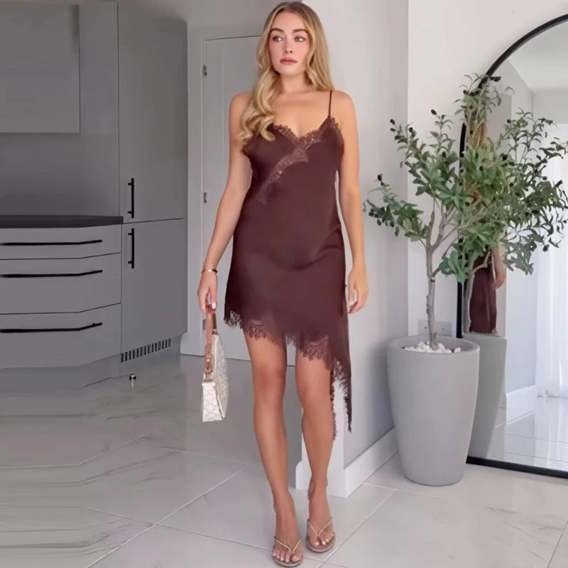 🌍 Glomexia – Women’s Lace Asymmetric Slip Dress | Sleeveless Backless Mini Party Dress 💃✨