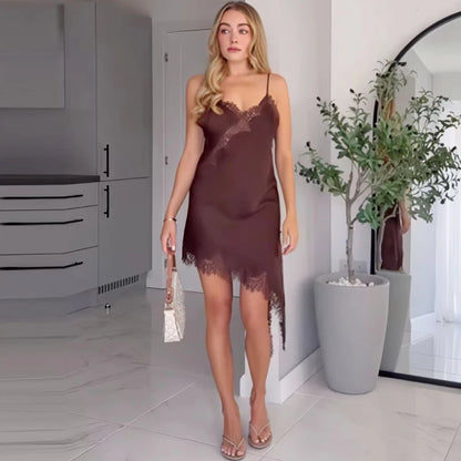 🌍 Glomexia – Women’s Lace Asymmetric Slip Dress | Sleeveless Backless Mini Party Dress 💃✨