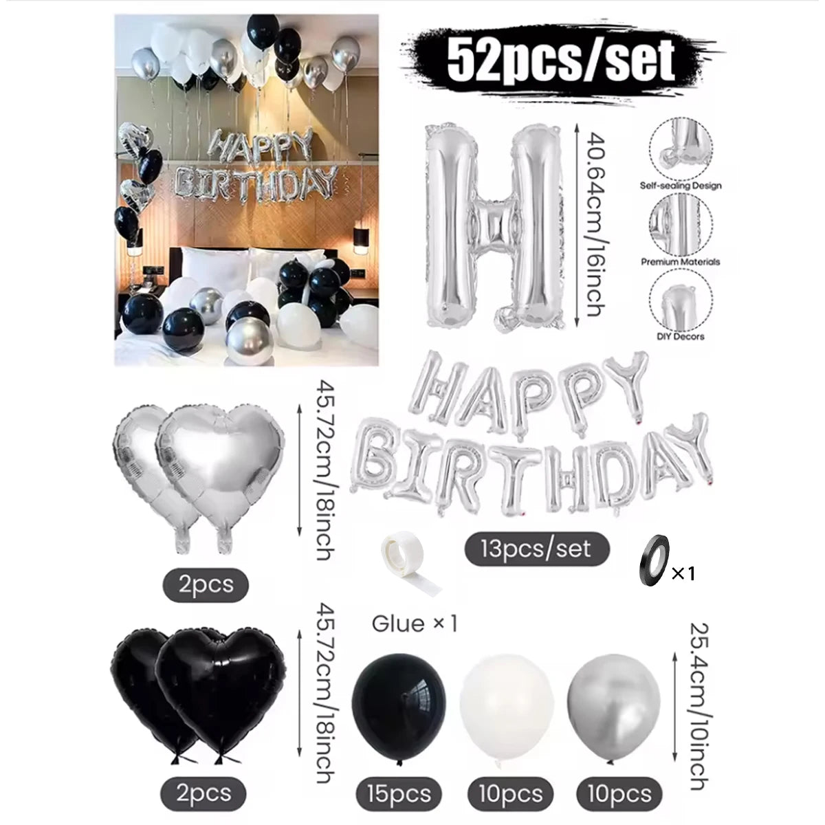 Black & White Balloon Decoration Set with Silver Banner (30/54pcs)