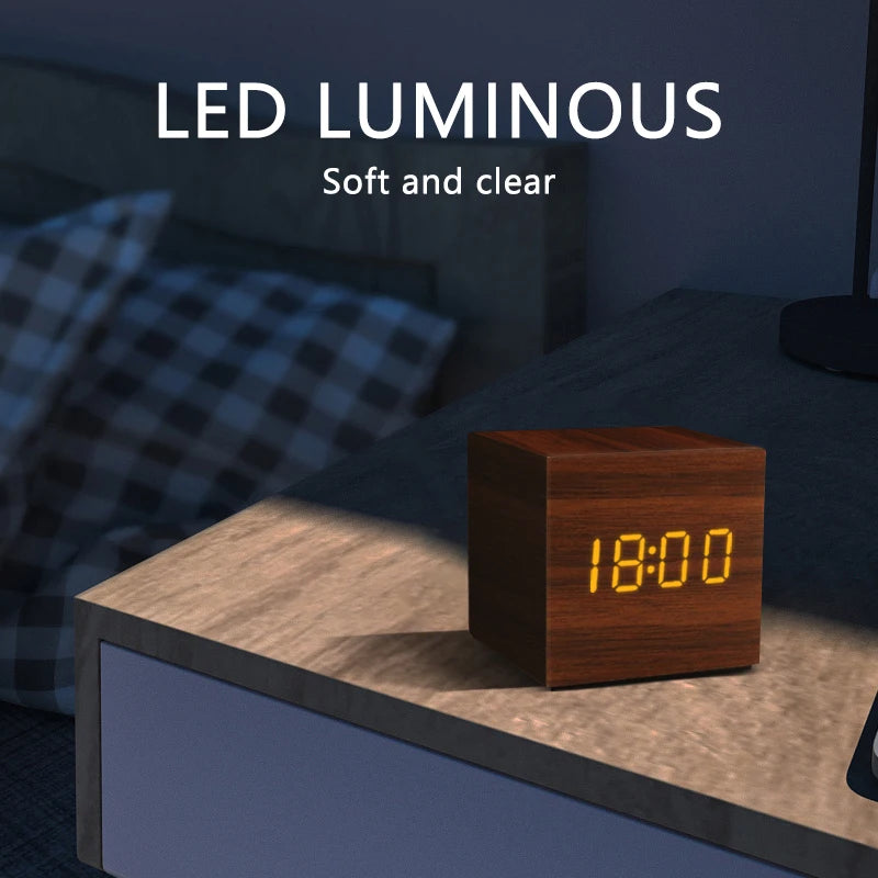 LED Wooden Digital Alarm Clock – Voice Control Table Clock