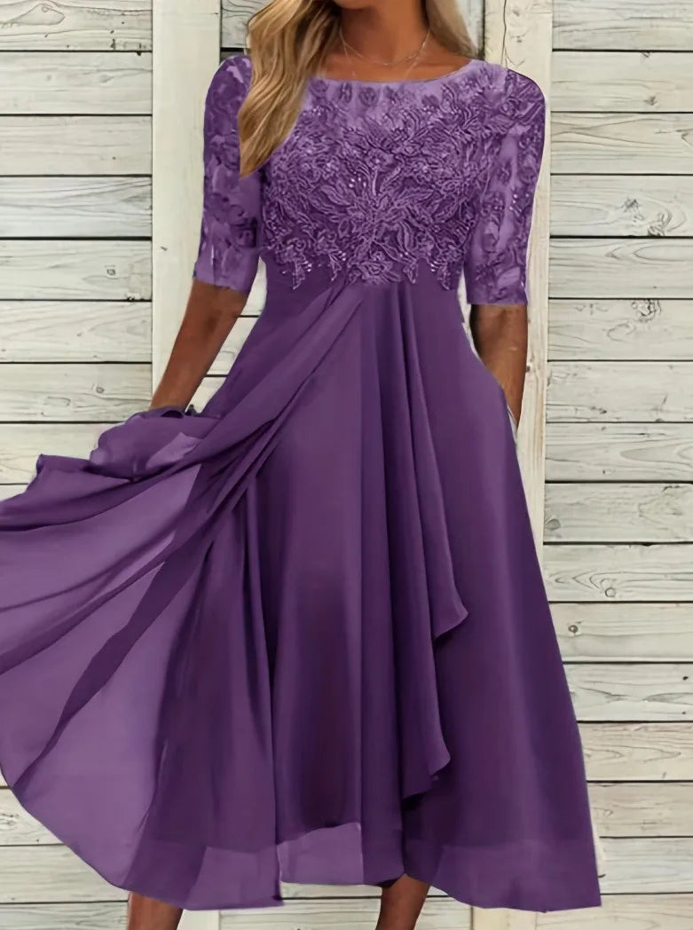 🌍 Glomexia Fashion – Elegant O-Neck Chiffon Lace Dress 👗