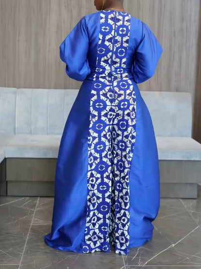👗 Blue Printed V-Neck Wide-Leg Jumpsuit