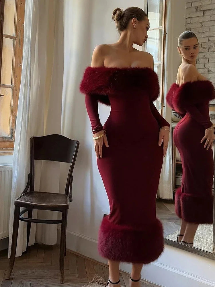 Women’s Off Shoulder Faux Fur Bodycon Dress – Party Evening Gown