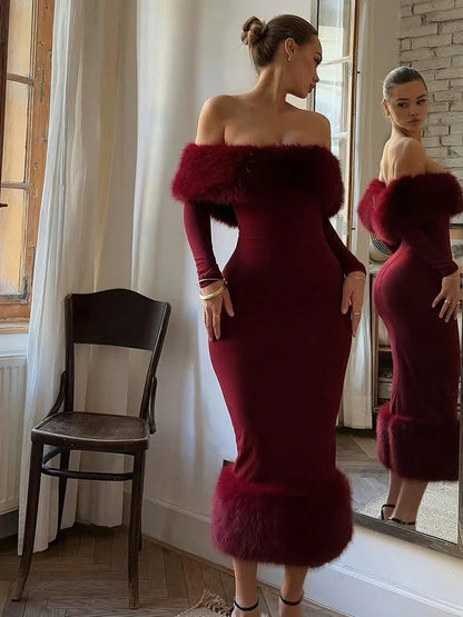 Women’s Off Shoulder Faux Fur Bodycon Dress – Party Evening Gown